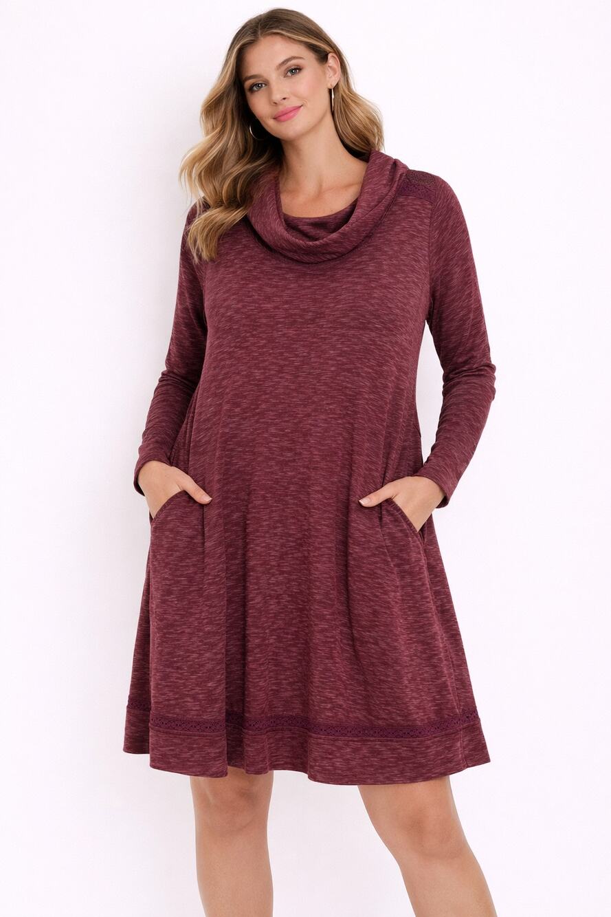 Anthropologie Saturday Sunday burgundy cowl neck crochet trim swing dress Size L